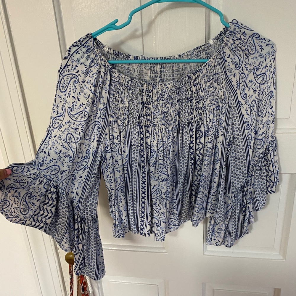 off the shoulder navy and white boho top